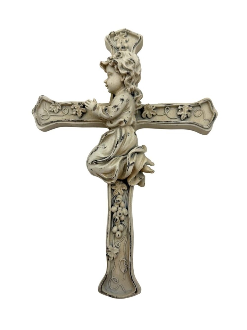 Autom Cream Resin Kneeling Praying Child Cross Keyhole Hook Grapevine Accents